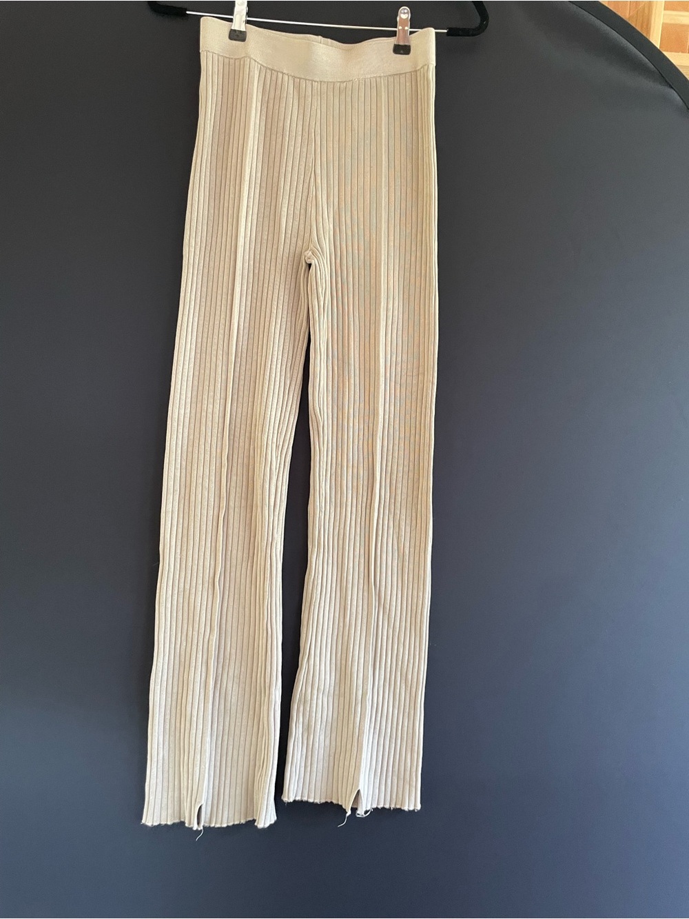 Nanushka Ribbed Knit Flare Pants Beige Slit Hem Lounge Pants (Size XS estimated)